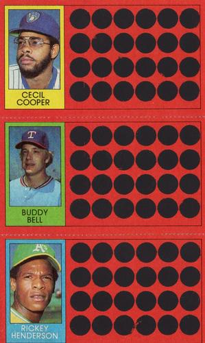 1981 Topps Scratch-Offs - Panels #2 / 21 / 39 Cecil Cooper / Buddy Bell / Rickey Henderson Front