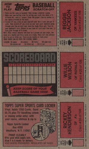 1981 Topps Scratch-Offs - Panels #3 / 20 / 39 Reggie Jackson / Willie Wilson / Rickey Henderson Back