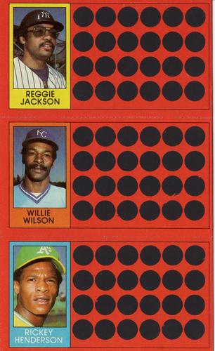 1981 Topps Scratch-Offs - Panels #3 / 20 / 39 Reggie Jackson / Willie Wilson / Rickey Henderson Front