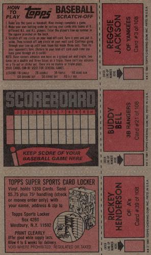 1981 Topps Scratch-Offs - Panels #3 / 21 / 39 Reggie Jackson / Buddy Bell / Rickey Henderson Back