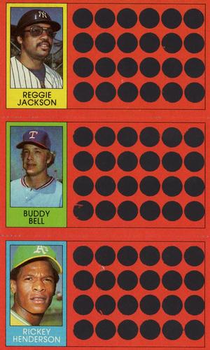 1981 Topps Scratch-Offs - Panels #3 / 21 / 39 Reggie Jackson / Buddy Bell / Rickey Henderson Front