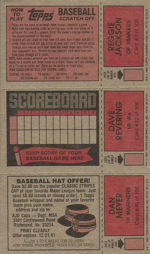 1981 Topps Scratch-Offs - Panels #3 / 22 / 40 Reggie Jackson / Dave Revering / Dan Meyer Back