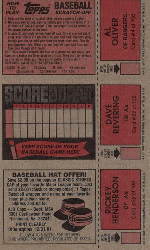 1981 Topps Scratch-Offs - Panels #4 / 22 / 39 Al Oliver / Dave Revering / Rickey Henderson Back