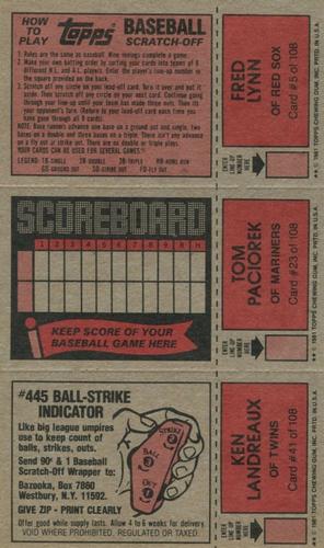 1981 Topps Scratch-Offs - Panels #5 / 23 / 41 Fred Lynn / Tom Paciorek / Ken Landreaux Back