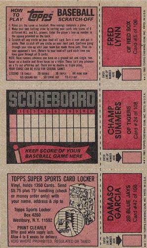 1981 Topps Scratch-Offs - Panels #5 / 24 / 42 Fred Lynn / Champ Summers / Damaso Garcia Back