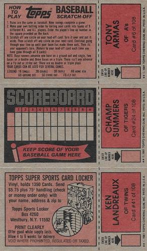 1981 Topps Scratch-Offs - Panels #6 / 24 / 41 Tony Armas / Champ Summers / Ken Landreaux Back