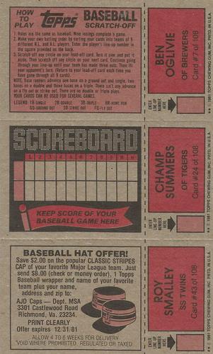 1981 Topps Scratch-Offs - Panels #7 / 24 / 43 Ben Oglivie / Champ Summers / Roy Smalley Back