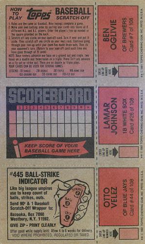 1981 Topps Scratch-Offs - Panels #7 / 26 / 44 Ben Oglivie / Lamar Johnson / Otto Velez Back
