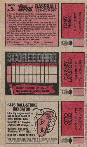 1981 Topps Scratch-Offs - Panels #8 / 25 / 44 Tony Perez / Carney Lansford / Otto Velez Back