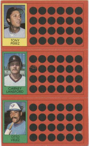 1981 Topps Scratch-Offs - Panels #8 / 25 / 44 Tony Perez / Carney Lansford / Otto Velez Front