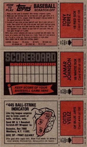 1981 Topps Scratch-Offs - Panels #8 / 26 / 44 Tony Perez / Lamar Johnson / Otto Velez Back