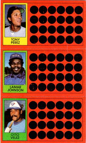 1981 Topps Scratch-Offs - Panels #8 / 26 / 44 Tony Perez / Lamar Johnson / Otto Velez Front