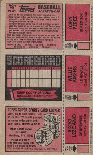 1981 Topps Scratch-Offs - Panels #8 / 27 / 45 Tony Perez / Willie Aikens / Sixto Lezcano Back