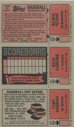1981 Topps Scratch-Offs - Panels #10 / 28 / 46 Robin Yount / Rick Cerone / Toby Harrah Back