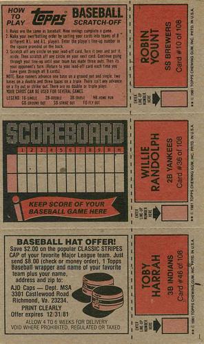 1981 Topps Scratch-Offs - Panels #10 / 36 / 46 Robin Yount / Willie Randolph / Toby Harrah Back
