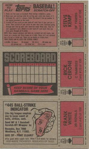 1981 Topps Scratch-Offs - Panels #11 / 28 / 47 Steve Kemp / Rick Cerone / Frank White Back