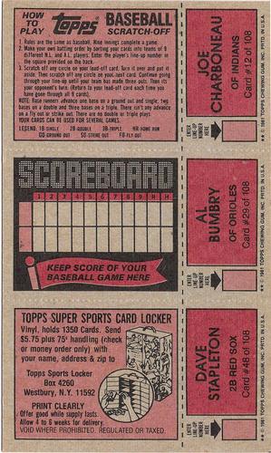 1981 Topps Scratch-Offs - Panels #12 / 29 / 48 Joe Charboneau / Al Bumbry / Dave Stapleton Back
