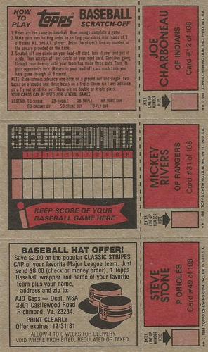 1981 Topps Scratch-Offs - Panels #12 / 31 / 49 Joe Charboneau / Mickey Rivers / Steve Stone Back