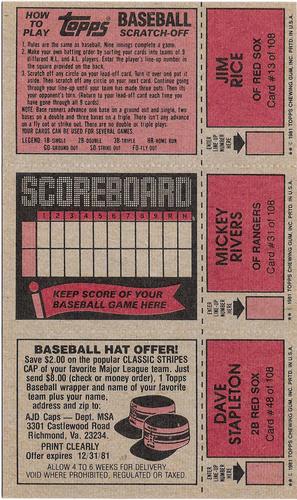1981 Topps Scratch-Offs - Panels #13 / 31 / 48 Jim Rice / Mickey Rivers / Dave Stapleton Back