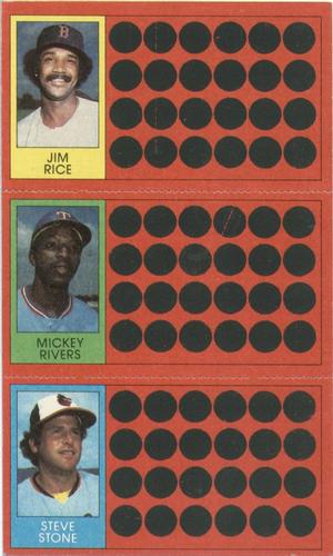 1981 Topps Scratch-Offs - Panels #13 / 31 / 49 Jim Rice / Mickey Rivers / Steve Stone Front