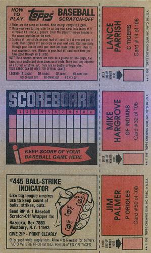 1981 Topps Scratch-Offs - Panels #14 / 32 / 50 Lance Parrish / Mike Hargrove / Jim Palmer Back