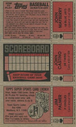 1981 Topps Scratch-Offs - Panels #15 / 33 / 50 John Mayberry / John Castino / Jim Palmer Back