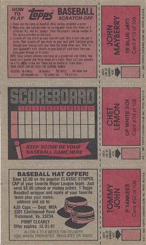 1981 Topps Scratch-Offs - Panels #15 / 34 / 52 John Mayberry / Chet Lemon / Tommy John Back