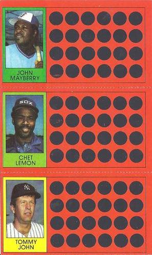 1981 Topps Scratch-Offs - Panels #15 / 34 / 52 John Mayberry / Chet Lemon / Tommy John Front