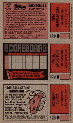 1981 Topps Scratch-Offs - Panels #16 / 34 / 52 Richie Zisk / Chet Lemon / Tommy John Back