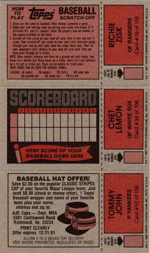 1981 Topps Scratch-Offs - Panels #17 / 35 / 52 Ken Singleton / Paul Molitor / Tommy John Back