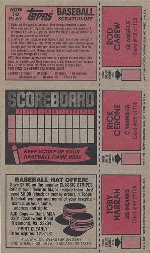 1981 Topps Scratch-Offs - Panels #18 / 28 / 46 Rod Carew / Rick Cerone / Toby Harrah Back