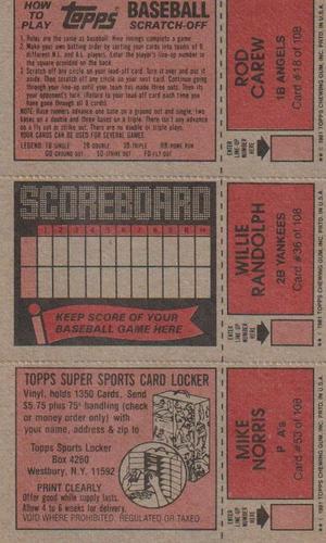 1981 Topps Scratch-Offs - Panels #18 / 36 / 53 Rod Carew / Willie Randolph / Mike Norris Back