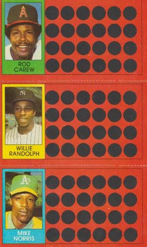 1981 Topps Scratch-Offs - Panels #18 / 36 / 53 Rod Carew / Willie Randolph / Mike Norris Front
