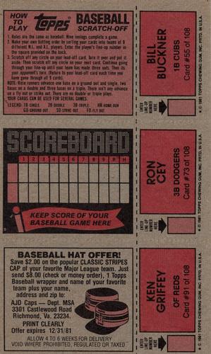 1981 Topps Scratch-Offs - Panels #55 / 73 / 91 Bill Buckner / Ron Cey / Ken Griffey Back