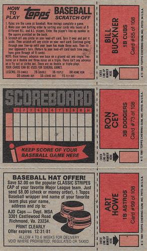 1981 Topps Scratch-Offs - Panels #55 / 73 / 99 Bill Buckner / Ron Cey / Art Howe Back