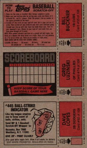 1981 Topps Scratch-Offs - Panels #55 / 74 / 92 Bill Buckner / Greg Luzinski / Dave Lopes Back