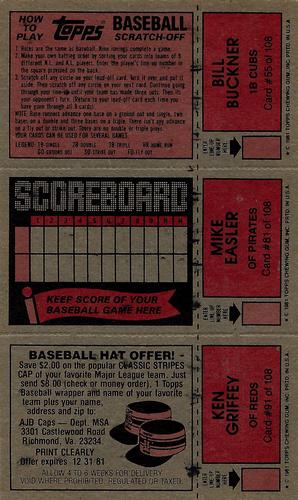 1981 Topps Scratch-Offs - Panels #55 / 81 / 91 Bill Buckner / Mike Easler / Ken Griffey Back
