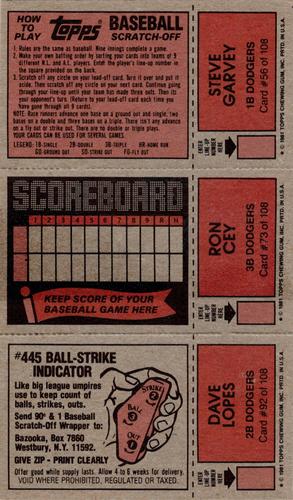 1981 Topps Scratch-Offs - Panels #56 / 73 / 92 Steve Garvey / Ron Cey / Dave Lopes Back