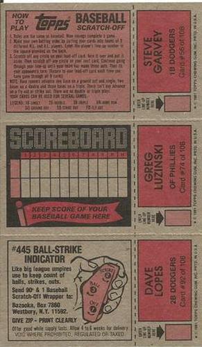 1981 Topps Scratch-Offs - Panels #56 / 74 / 92 Steve Garvey / Greg Luzinski / Dave Lopes Back