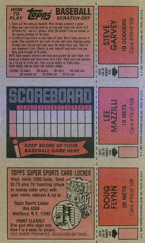 1981 Topps Scratch-Offs - Panels #56 / 75 / 93 Steve Garvey / Lee Mazzilli / Doug Flynn Back