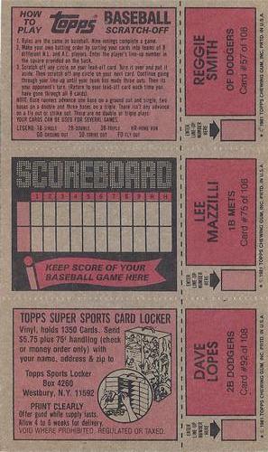 1981 Topps Scratch-Offs - Panels #57 / 75 / 92 Reggie Smith / Lee Mazzilli / Dave Lopes Back