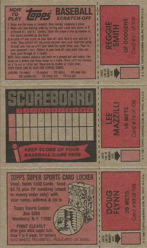 1981 Topps Scratch-Offs - Panels #57 / 75 / 93 Reggie Smith / Lee Mazzilli / Doug Flynn Back