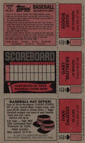 1981 Topps Scratch-Offs - Panels #57 / 76 / 94 Reggie Smith / Gary Matthews / Ivan DeJesus Back