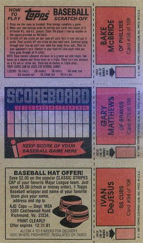 1981 Topps Scratch-Offs - Panels #58 / 76 / 94 Bake McBride / Gary Matthews / Ivan DeJesus Back