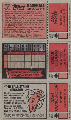 1981 Topps Scratch-Offs - Panels #59 / 77 / 95 Dave Parker / Cesar Cedeno / Dave Concepcion Back