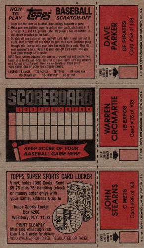 1981 Topps Scratch-Offs - Panels #59 / 78 / 96 Dave Parker / Warren Cromartie / John Stearns Back