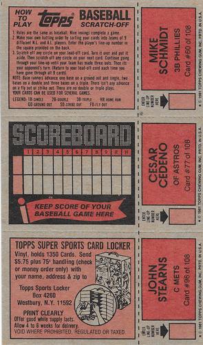 1981 Topps Scratch-Offs - Panels #60 / 77 / 96 Mike Schmidt / Cesar Cedeno / John Stearns Back