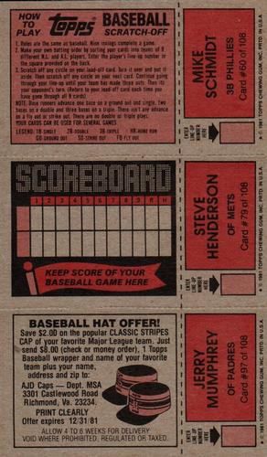 1981 Topps Scratch-Offs - Panels #60 / 79 / 97 Mike Schmidt / Steve Henderson / Jerry Mumphrey Back