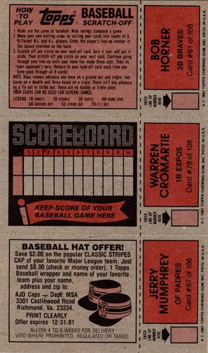 1981 Topps Scratch-Offs - Panels #61 / 78 / 97 Bob Horner / Warren Cromartie / Jerry Mumphrey Back
