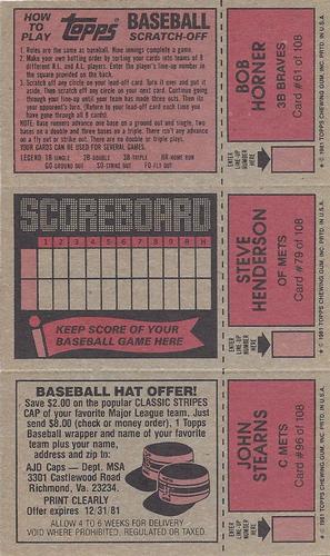 1981 Topps Scratch-Offs - Panels #61 / 79 / 96 Bob Horner / Steve Henderson / John Stearns Back
